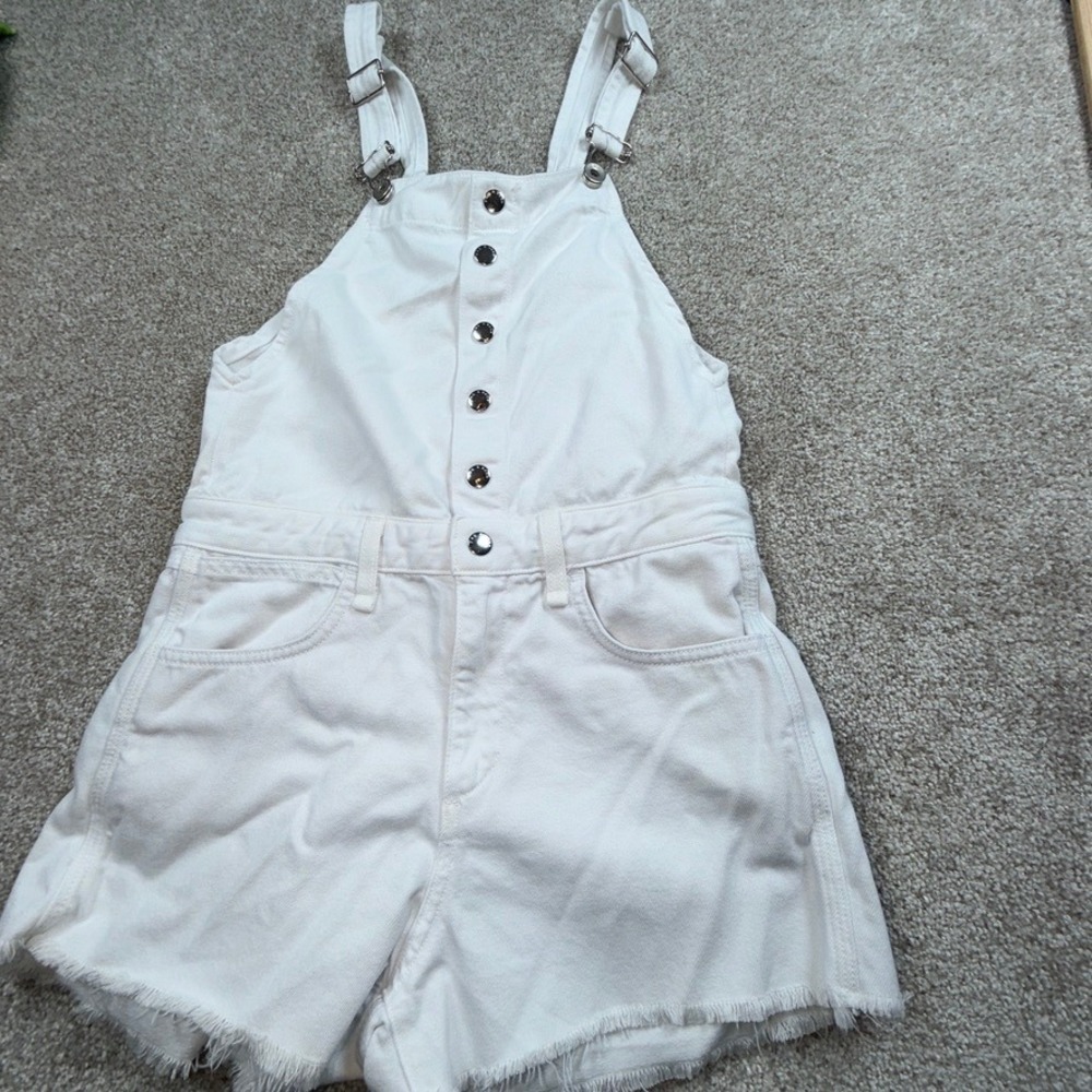 Rag & Bone White Denim Short Overalls Button Front Raw Hem W2505O160WHT Small